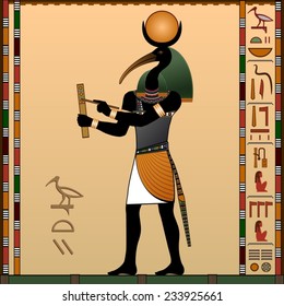 Religion of Ancient Egypt. Thoth - the ancient Egyptian god of wisdom and knowledge. God with the head of an ibis. Vector illustration. 