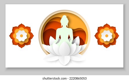 Antecedentes religiosos. Silhouette de Buda y decoración de flores de loto. Ilustración de la tarjeta de saludo del día Santo Vesak o de la plantilla de afiche en el estilo artesanal de corte de papel. Patrón religioso, hinduismo