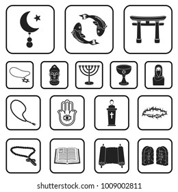 Religion and belief black icons in set collection for design. Accessories, prayer vector symbol stock web illustration.