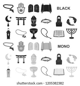 Religion and belief black icons in set collection for design. Accessories, prayer vector symbol stock web illustration.