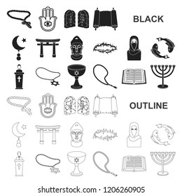 Religion and belief black icons in set collection for design. Accessories, prayer vector symbol stock web illustration.