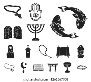 Religion and belief black icons in set collection for design. Accessories, prayer vector symbol stock web illustration.