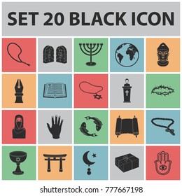 Religion and belief black icons in set collection for design. Accessories, prayer vector symbol stock web illustration.