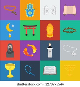 Religion and belief cartoon icons in set collection for design. Accessories, prayer vector symbol stock web illustration.