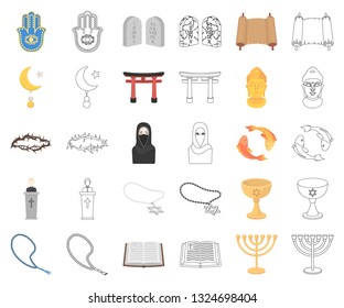 Religion and belief cartoon,outline icons in set collection for design. Accessories, prayer vector symbol stock web illustration.