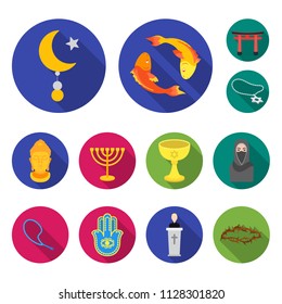 Religion and belief flat icons in set collection for design. Accessories, prayer vector symbol stock web illustration.