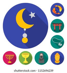 Religion and belief flat icons in set collection for design. Accessories, prayer vector symbol stock web illustration.