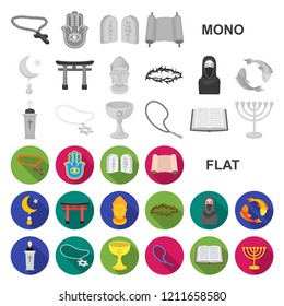 Religion and belief flat icons in set collection for design. Accessories, prayer vector symbol stock web illustration.