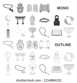 Religion and belief monochrom icons in set collection for design. Accessories, prayer vector symbol stock web illustration.