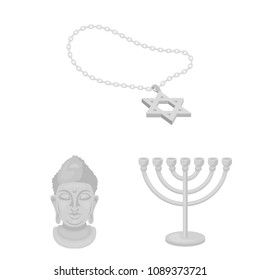 Religion and belief monochrome icons in set collection for design. Accessories, prayer vector symbol stock web illustration.