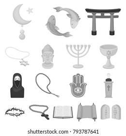 Religion and belief monochrome icons in set collection for design. Accessories, prayer vector symbol stock web illustration.