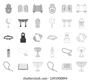 Religion and belief mono,outline icons in set collection for design. Accessories, prayer vector symbol stock web illustration.