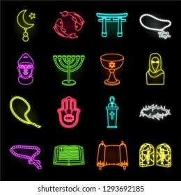 Religion and belief neon icons in set collection for design. Accessories, prayer vector symbol stock web illustration.