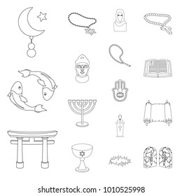 Religion and belief outline icons in set collection for design. Accessories, prayer vector symbol stock web illustration.