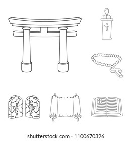 Religion and belief outline icons in set collection for design. Accessories, prayer vector symbol stock web illustration.