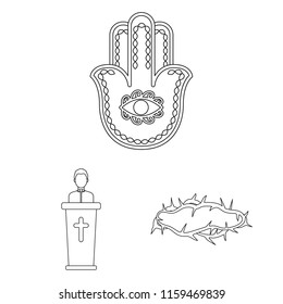 Religion and belief outline icons in set collection for design. Accessories, prayer vector symbol stock web illustration.