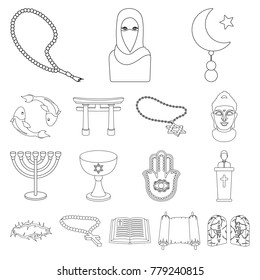 Religion and belief outline icons in set collection for design. Accessories, prayer vector symbol stock web illustration.