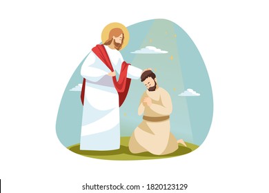 Religion, bible, chistianity concept. Jesus Christ son of God biblical religious charcter consolling blessing praying man follower disciple. Divine support and help and love of Lord illustration.