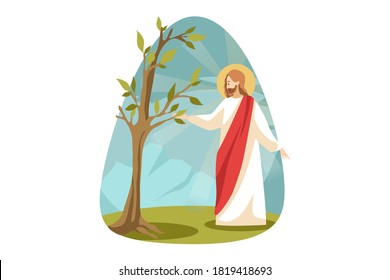 Religion, bible, christianity concept. Jesus Christ son of God Messiah prophet biblical religious character making dried dead tree to blossom. Divine support and miracle resurrection illustration.