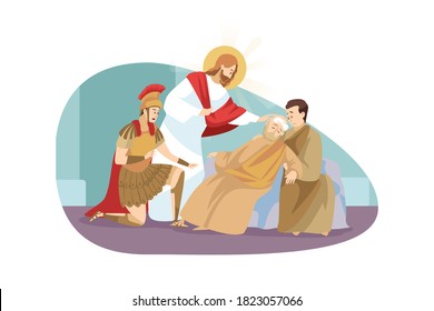 Religion, Bible, Christianity Concept. Jesus Christ Son Of God Messiah Prophet Biblical Character Makes Miraculous Healing Of Unconscious Old Man By Touching Him. Divine Help And Blessing Illustration