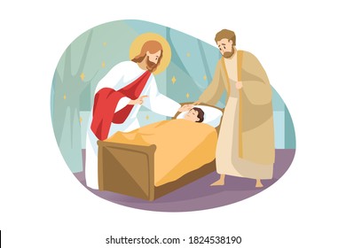 Religion, Bible, Christianity Concept. Jesus Christ Son Of God Messiah Prophet Biblical Character Makes Miraculous Healing Of Sick Ill Child Kid Boy By Touching. Divine Help And Blessing Illustration.