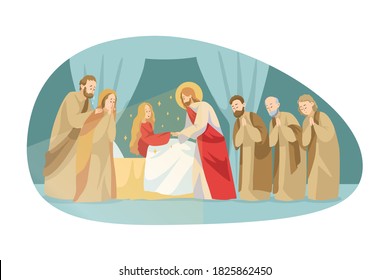 Religion, bible, christianity concept. Jesus Christson of God biblical character Messiah gospel makes miraculous ascension of dead wman girl by touching. Divine miracle help and blessing illustration.