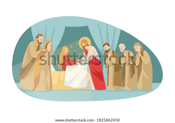宗教 聖書 キリスト教のコンセプト 神聖書のキャラクター メシア ゴスペルのイエス クリストンは 触れることで 亡くなった女の子を奇跡的に昇らせます 神の奇跡の助けと祝福のイラスト のベクター画像素材 ロイヤリティフリー
