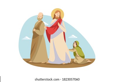 Religion, bible, christianity concept. Young desperate woman girl begging Jesus Christ son of god biblical religious character on knees for helping. Divine help and support or blessing illustration.