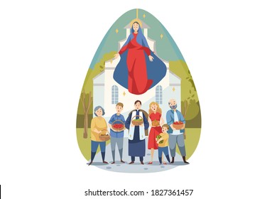 Religion, bible, christianity concept. Young Maria mother of Jesus Christ protecting caring about people christians parish with food vegetables. Assumption of Mary ascension celebration illustration.