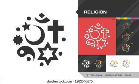 Religion black glyph silhouette and color editable stroke thin outline single icon with christian cross, jewish star of David, islamic star and crescent, chinese yin and yang symbols.
