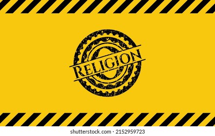 Religion black grunge emblem inside yellow warning sign. Vector Illustration. Detailed. 