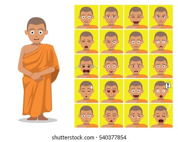 Religion Buddhist Monk Cartoon Emotion Faces Vector Illustration