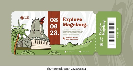 Religion building in Magelang Central Java hand drawn illustration. Ticket Event tourism with Chicken Church Indonesian background