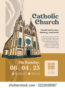 Religion building in Malang East Java hand drawn illustration. Hati Kudus Church  Indonesian Religion Building for Poster template