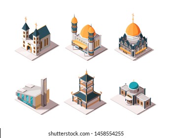 Religion buildings. Islamic mosque arabic architectural objects lutheran catholic christian religion landmarks vector isometric. Christianity and catholic cathedral, muslim religious illustration