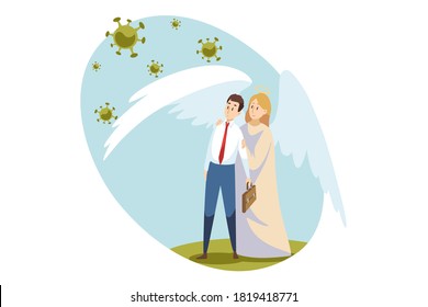 Religion, business, health, care, medicine, coronavirus, christianity, bible concept. Angel biblical character protecting young businessman clerk manager from viruses covid19 bacteries. Divine support