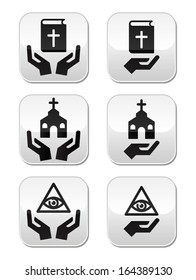 Religion buttons - hands with bible, church, eye of god