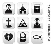 Religion, catholic church vector buttons set