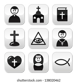 Religion, catholic church vector buttons set