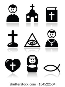 Religion, catholic church vector icons set