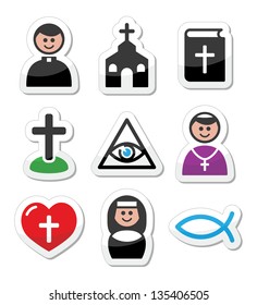 Religion, catholic church vector icons set