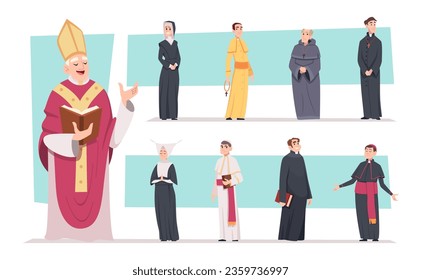 Religion characters. Authentic people from catholic church exact vector cartoon illustrations set
