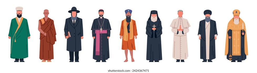 Personajes religiosos. Clérigos de diferentes confesiones con atuendos especiales, cristianos y musulmanes, islam y budismo. Ropa tradicional, estilo plano de dibujos animados aislado hoy en día vector conjunto