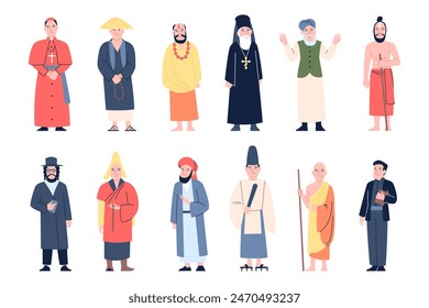 Religion characters. Men in priesthood, different churches leaders and monks. Christian muslim judaism and buddhism male, religious recent vector set