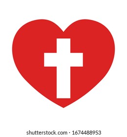 Religion christian cross with heart icon. Vector illustration.