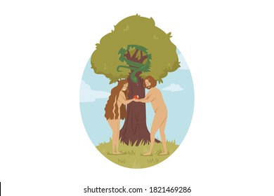Religion, christianity, bible concept. Eve temptated by snake demon satan sharing biting apple from tree of life with Adam and falling into sin. Biblical illustration of original sin in cartoon style.