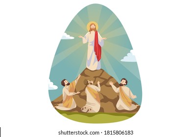Religion, christianity, Bible concept. Jesus Christ son of God Messiah religious character appearing in front of three loyal disciples on mountain during praying. Transfiguration of Lord illustration.