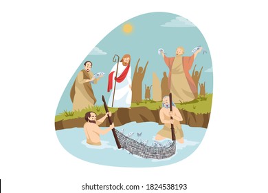 Religion, christianity, bible concept. Jesus christ son of god christian biblical religious character Messiah helping happy excited feshermen catching fish food in lake. Divine miracle and Lord power.