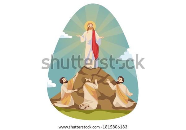 Religion, christianity, Bible concept.\
Jesus Christ son of God Messiah religious character appearing in\
front of three loyal disciples on mountain during praying.\
Transfiguration of Lord\
illustration.