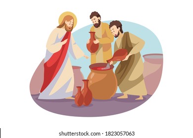 Religion, christianity, bible concept. Jeus christ son of god christian biblical religious character turning water into wine alcoholic beverage drink. Divine miracle and Lord power illustration.